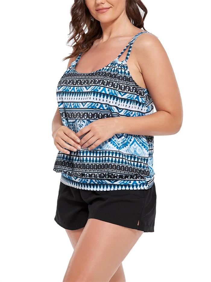 Geometric Print Loop Strap Blouson Tankini with Cargo Swim Short