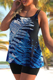 Blue Leaf Print Double Straps Plus Size Tankini Set