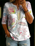 Women's Floral Pattern Art Print Casual Classic Henley Collar 100% Cotton T-shirt