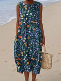 Women's Vintage Floral Pattern Art Print Sleeveless Cotton Pocket Wrap Dress