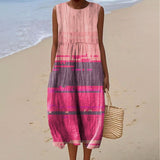 Women's Retro Color Block Abstract Art Print Sleeveless Cotton Pocket Wrap Dress