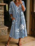 Women's Flower Print Casual Loose-fit Cotton-linen Dress With Lace Trim And Paneling