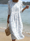 Women's Casual Solid Color Round Neck Mid-Sleeve Floral Print Cotton Linen Dress