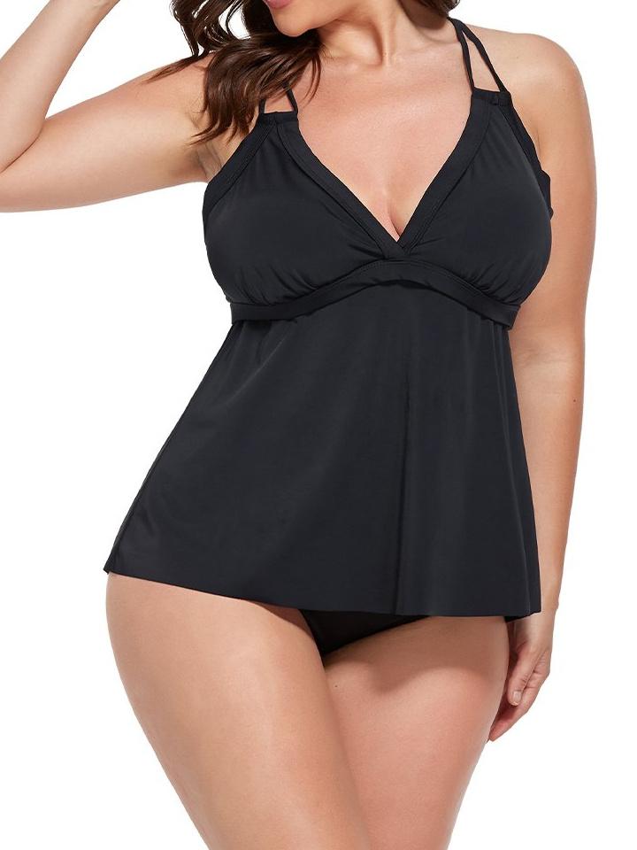 Black V-neck Loop Strap Black Tankini Set