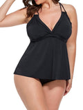 Black V-neck Loop Strap Black Tankini Set