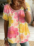 Women's Retro Color-block Floral Art Print Loose Cotton-linen Shirt