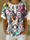 Retro Abstract Art Print Loose-fit Cotton-linen Short-sleeve Shirt