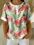 Retro Color-block Patchwork Print Loose-fit Cotton-linen Short-sleeve Shirt