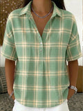 Casual Plaid Polo Collar Short-sleeved Linen And Cotton Shirt