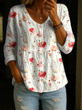 Women's Retro Flower Art Print Linen Cotton Shirt