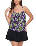 Purple Rose Lightweight Blouson Tankini With Side Slit Swim Skirt
