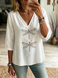 Boho Dragonfly-print Cozy V-neck Cotton-linen Shirt