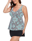 Black White Flower V-NECK Flowy Tankini With A-Line Swim Skirt