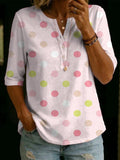 Women's Vintage Polka Dot Art Print Cotton-linen Top With Henley Collar And Half Sleeves