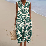 Women's Vintage Floral Art Print Sleeveless Cotton Pocket Wrap V Neck Dress