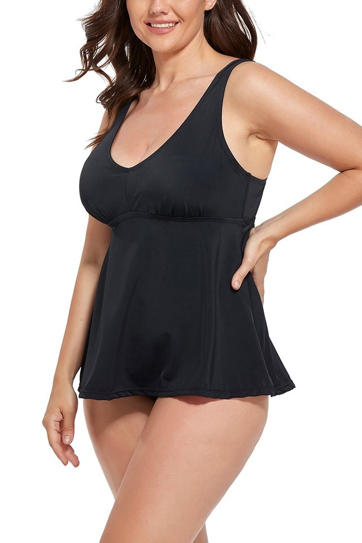 Black V-NECK Flowy Tankini Set