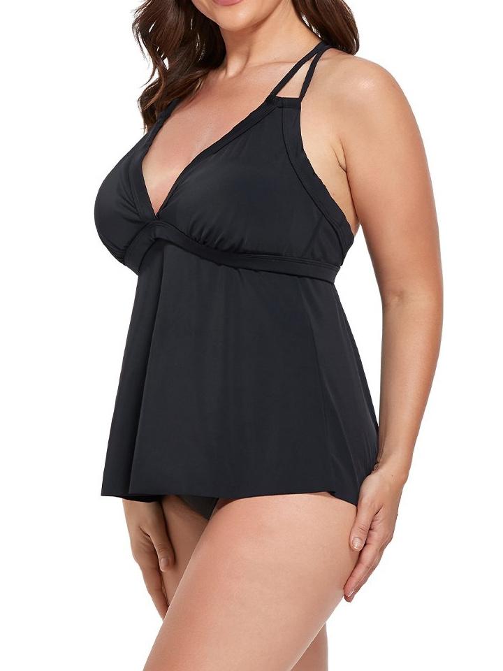 Black V-neck Loop Strap Black Tankini Set