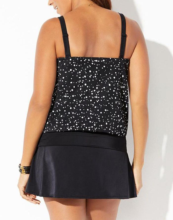 Black White Dot Loop Strap Blouson Tankini With A-Line Swim Skirt