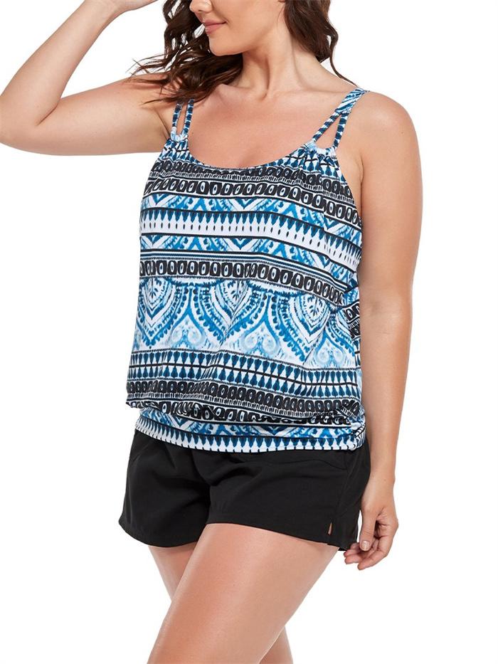 Geometric Print Loop Strap Blouson Tankini with Cargo Swim Short