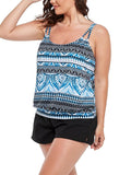 Geometric Print Loop Strap Blouson Tankini with Cargo Swim Short