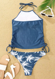 Live Simple Coconut Tree Halter Tankini Set - Blue