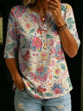 Women’s Vintage Floral Print Casual Half Sleeve Henley Cotton Top