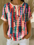 Retro Color-block Patchwork Print Loose-fit Cotton-linen Short-sleeve Shirt