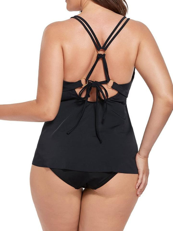 Black V-neck Loop Strap Black Tankini Set
