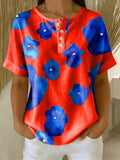 Retro Color-block Floral Print Loose-fit Cotton-linen Short-sleeve Shirt