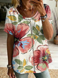 Retro Floral Print & Cutout Webbing Spliced loose-fit Cotton-linen Short-sleeve Shirt