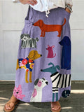 Women's Dog Art Print Linen Pocket Skirt