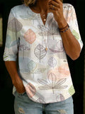 Women's Vintage Botanical Art Print Cotton-linen Top With Henley Collar And Mid-length Sleeves