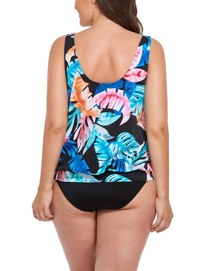 Palm Print Side Tie Blouson Tankini Set
