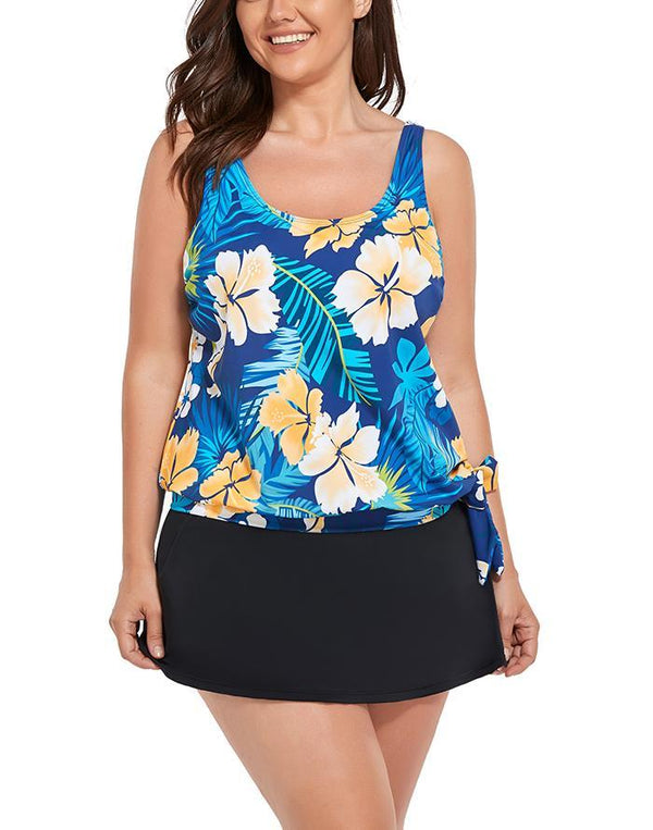 Yellow Flower Side Tie Blouson Tankini With Side Slit Swim Skirt