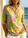 Women's Floral Pattern Art Print Casual Classic Henley Collar 100% Cotton T-shirt