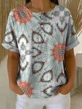 Women's Vintage Flower Pattern Printed Cotton Linen Top