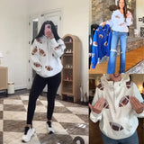 Women's Oversized Game Day Hoodie - Lady's Casual Longsleeves Top, Half-Zip Pullover with Sequins Football Print, Kangaroo Pocket, Women's Clothes Sweatshirt,summerwins,back to school,back to school shopping