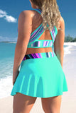 Plus Size Cyan Striped Ombre Cross Strap Bikini Set