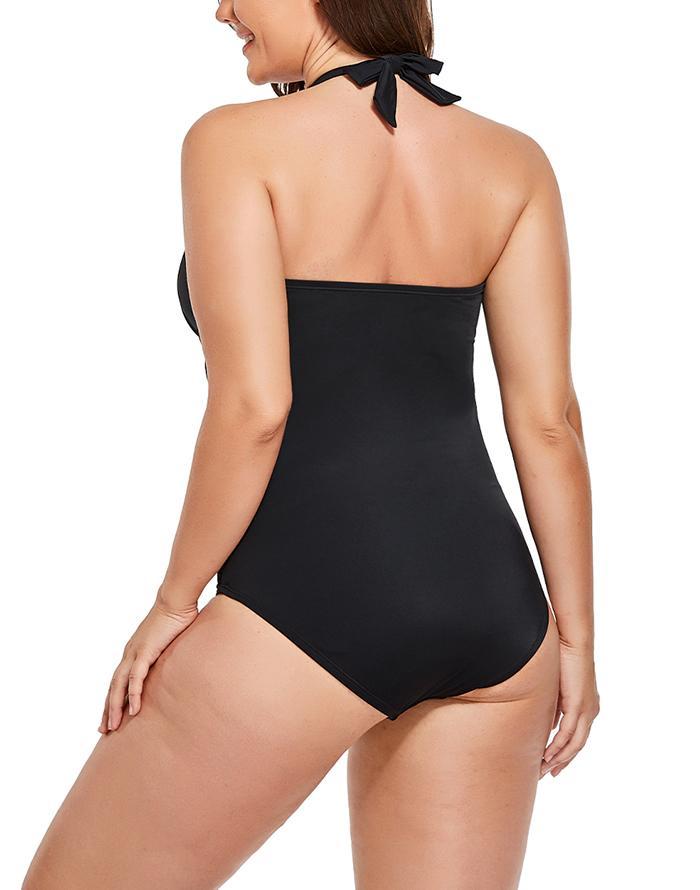 Black V-Neck Halter One Piece Swimsuit