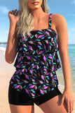 Layered Ruffle Hem Leaf Print Black Tankini Set