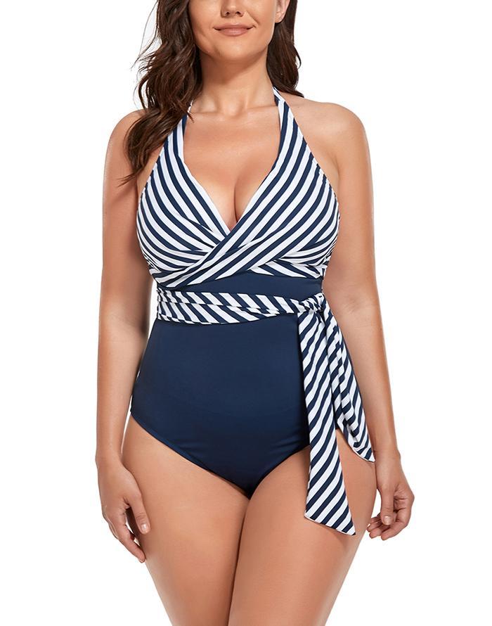 Navy Blue Stripes Faux Wrap Halter One Piece Swimsuit