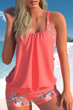 Plant Print Coral Red Blouson Tankini Set