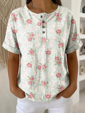 Women's Vintage Flower Pattern Printed Cotton Linen Top