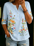 "Floral Whispers" — Bouquet-print Cotton T-shirt With Elbow-length Sleeves