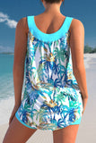 Tropical Print Cyan Wide Strap Tankini Set