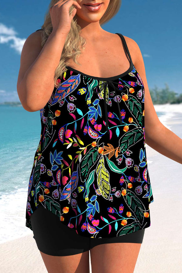 Plus Size Black Leaf Print Tankini Set