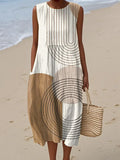 Women's Vintage Abstract Circular Geometric Lines Painting Art Print Sleeveless Cotton Pocket Wrap Dress