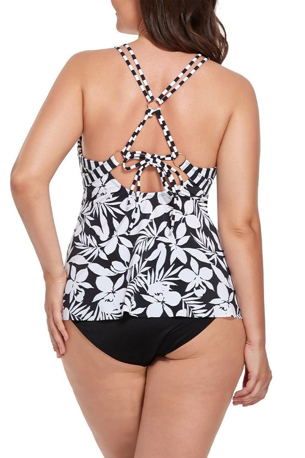 Black Flower V-neck Loop Strap Tankini Set
