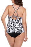 Black Flower V-neck Loop Strap Tankini Set