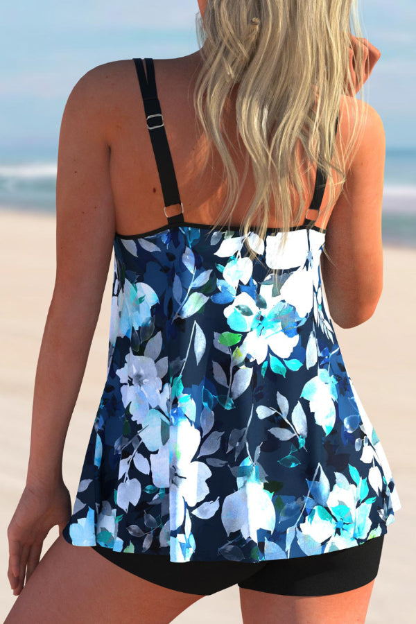 White Print Double Straps Plus Size Tankini Set